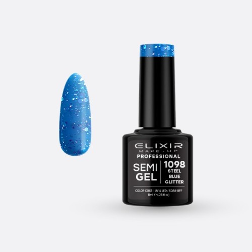 Elixir Make Up Semigel Color Coat Soak Off 1098 Steel Blue Glitter 8ml