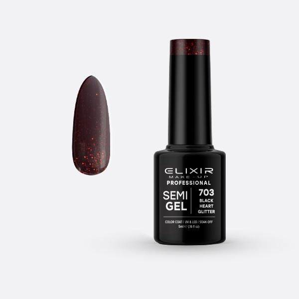 Elixir Make Up Semigel Color Coat Soak Off 703 Black Heart Glitter 5ml