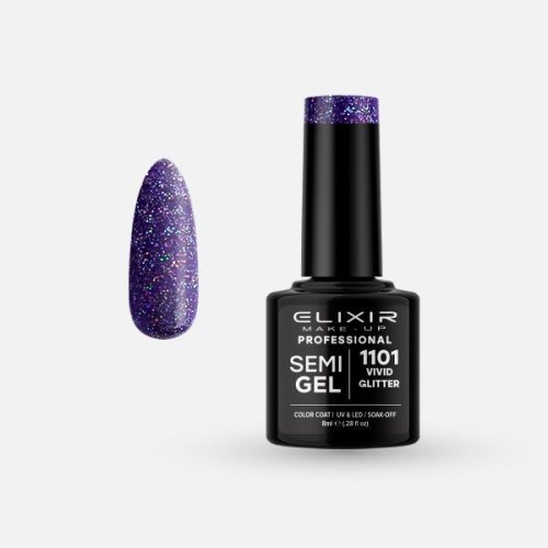 Elixir Make Up Semigel Color Coat Soak Off 1101 VIVID GLITTER 8ml
