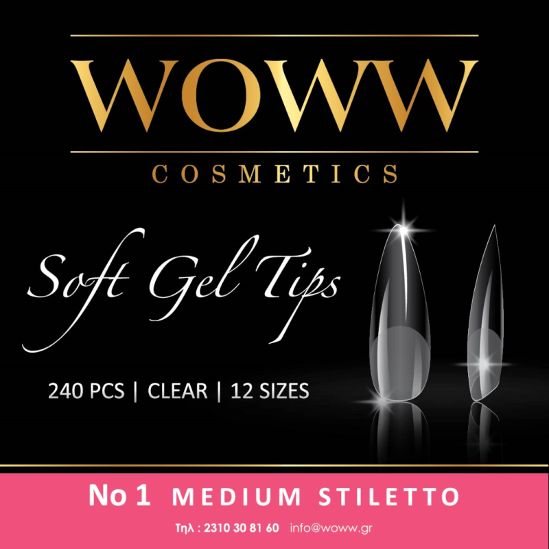 Soft Gel Tips Woww - Gel Tips No1 Medium Stiletto 240 τεμάχια