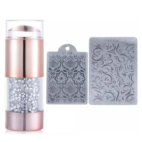 Σφραγίδα Νυχιών με 2 Στάμπες και Στρας Διακοσμητικά Ασημί