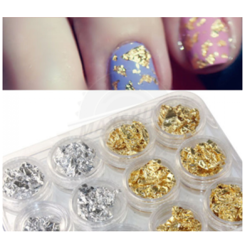 Αλουμινόφυλλα Foil για Νύχια Χρυσό και Ασημί Σετ 12 βαζάκια