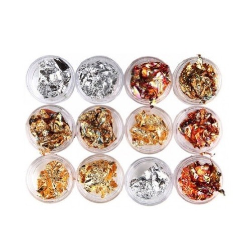 Αλουμινόφυλλα Foil για Νύχια Χρυσό,Ασημί,Smoky Χρυσό και Smoky Χάλκινο Σετ 12 βαζάκια