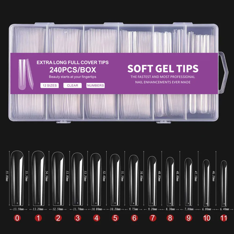 Soft Gel Tips XL Extra Long Square Full Cover 240 τεμάχια